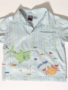 Vintage Baby Q Shark & Crab Embroidered Striped Resort Shirt Pastel Vacation